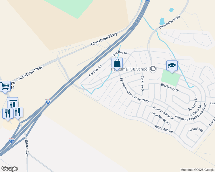 map of restaurants, bars, coffee shops, grocery stores, and more near 3801 Wildrye Drive in San Bernardino