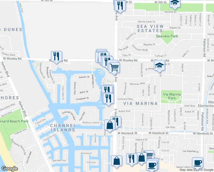 map of restaurants, bars, coffee shops, grocery stores, and more near 1445 Windshore Way in Oxnard