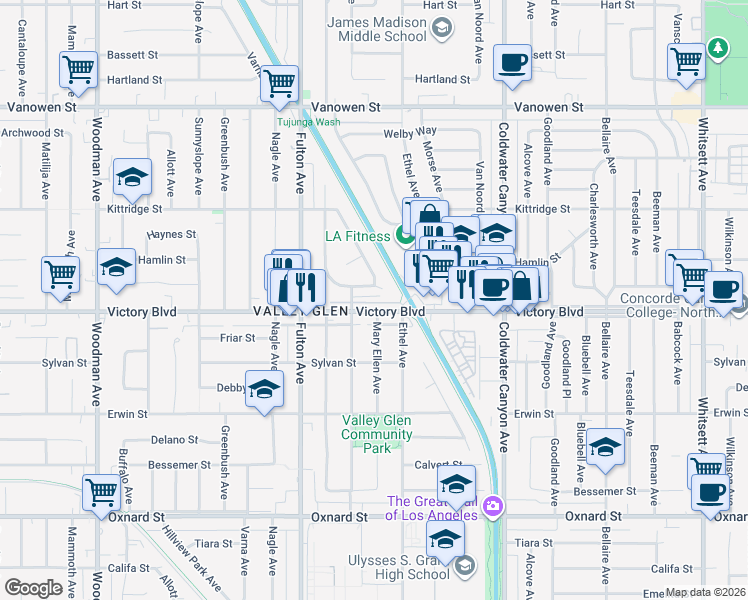 map of restaurants, bars, coffee shops, grocery stores, and more near 13137 West Lumina Way in Los Angeles