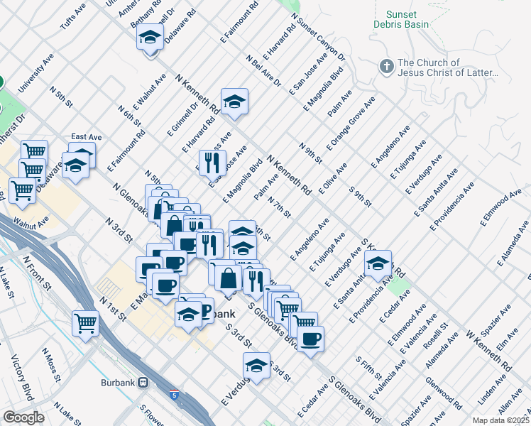 map of restaurants, bars, coffee shops, grocery stores, and more near in Burbank