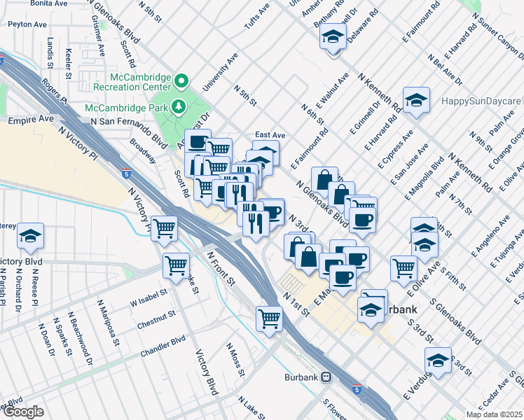 map of restaurants, bars, coffee shops, grocery stores, and more near 840 North San Fernando Boulevard in Burbank