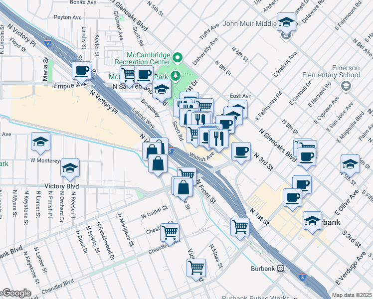 map of restaurants, bars, coffee shops, grocery stores, and more near 60 Walnut Avenue in Burbank