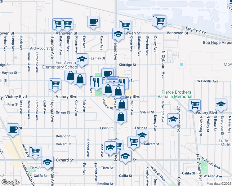 map of restaurants, bars, coffee shops, grocery stores, and more near 11000 Victory Boulevard in Los Angeles