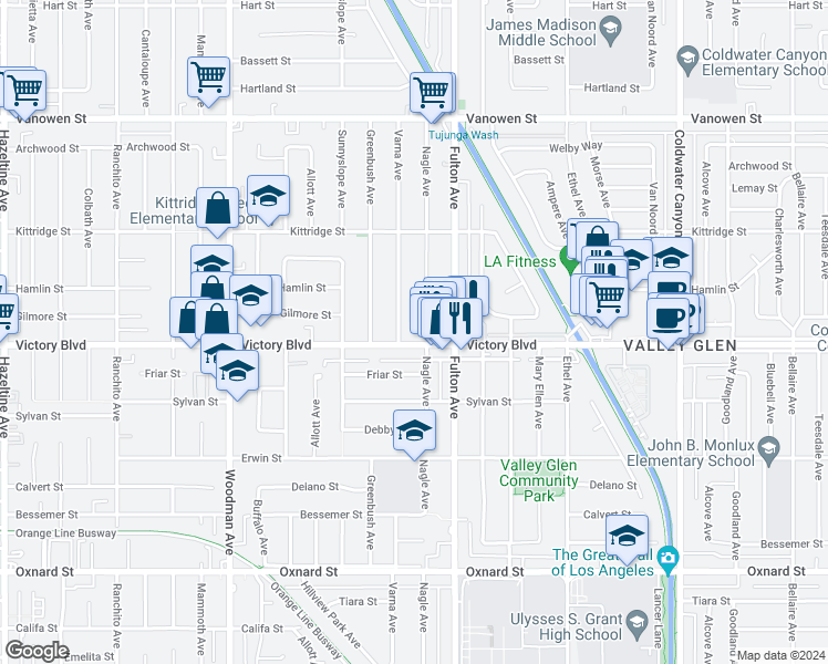 map of restaurants, bars, coffee shops, grocery stores, and more near 13322 Victory Boulevard in Los Angeles