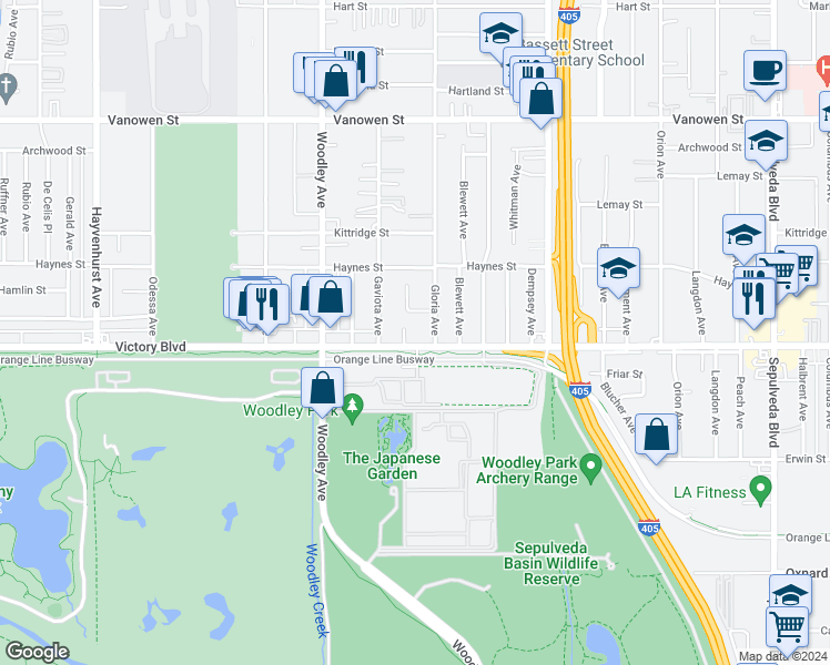 map of restaurants, bars, coffee shops, grocery stores, and more near 15935 1/2 Victory Boulevard in Los Angeles