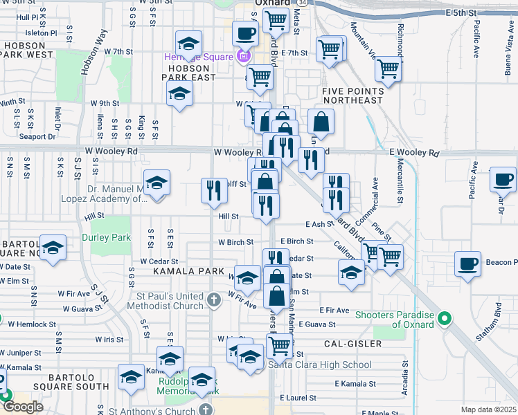 map of restaurants, bars, coffee shops, grocery stores, and more near 1305 Saviers Road in Oxnard