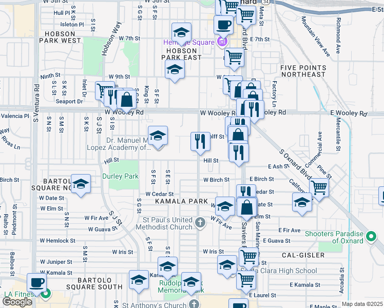 map of restaurants, bars, coffee shops, grocery stores, and more near 450 Hill Street in Oxnard