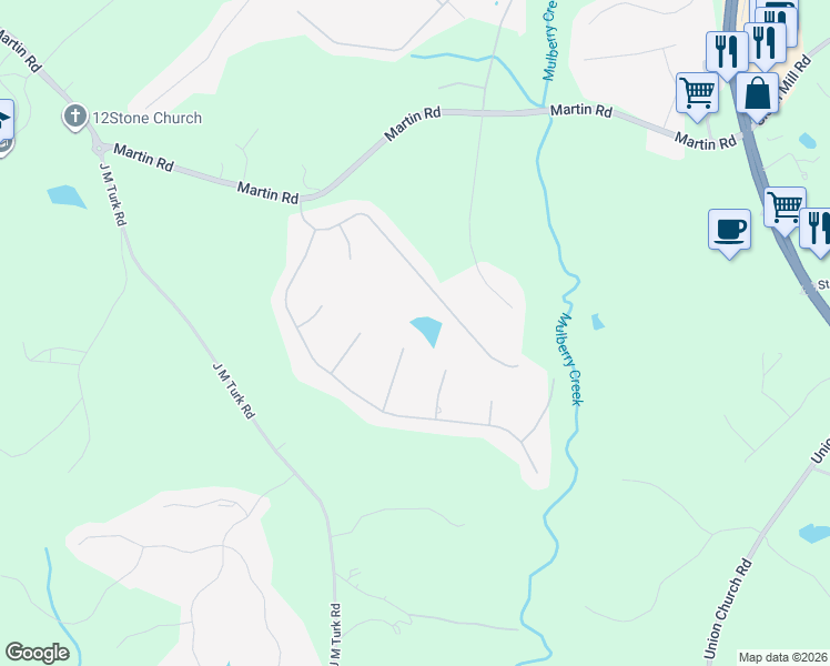 map of restaurants, bars, coffee shops, grocery stores, and more near 4776 Falling Brook Drive in Flowery Branch