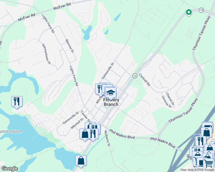 map of restaurants, bars, coffee shops, grocery stores, and more near 5314 Church Street in Flowery Branch