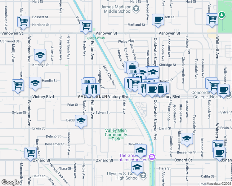 map of restaurants, bars, coffee shops, grocery stores, and more near 13120 Victory Boulevard in Los Angeles