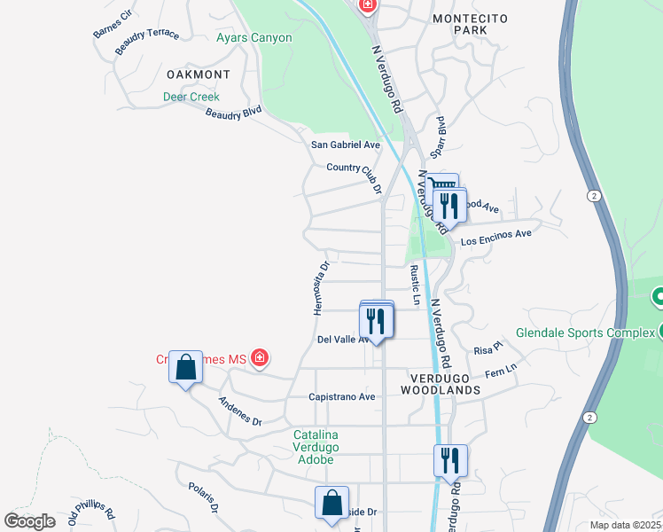 map of restaurants, bars, coffee shops, grocery stores, and more near 2831 Hermosita Drive in Glendale
