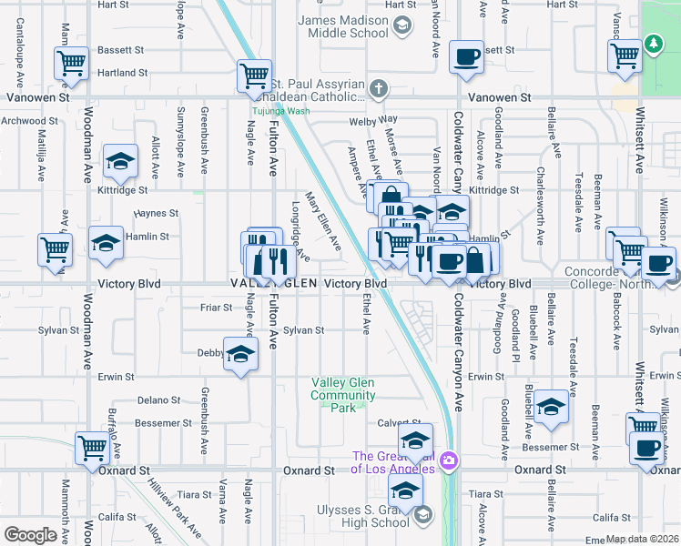 map of restaurants, bars, coffee shops, grocery stores, and more near 13120 Victory Boulevard in Los Angeles