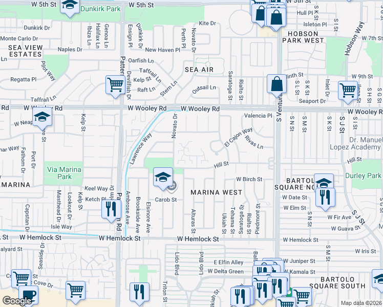 map of restaurants, bars, coffee shops, grocery stores, and more near 2213 Miramar Walk in Oxnard