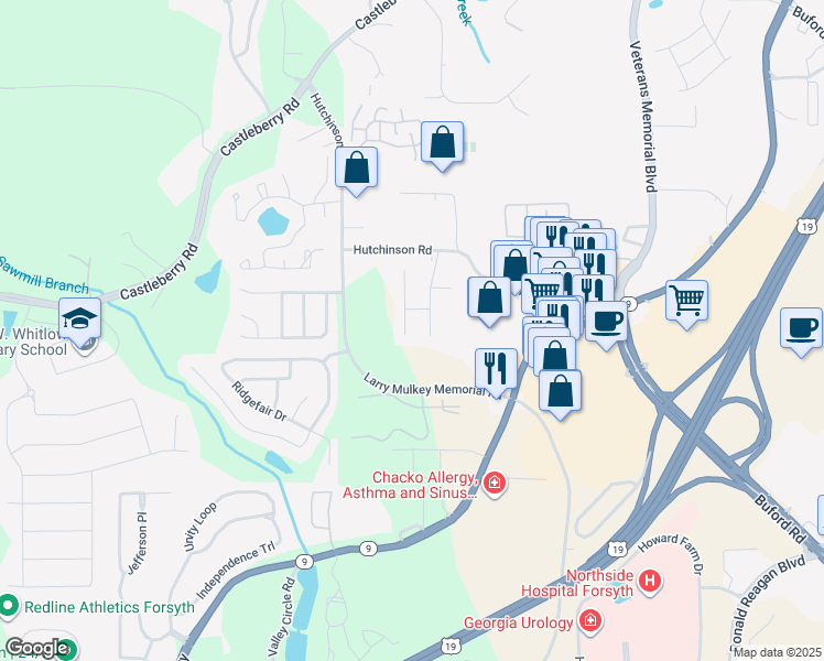map of restaurants, bars, coffee shops, grocery stores, and more near 3702 Verde Glen Lane in Cumming