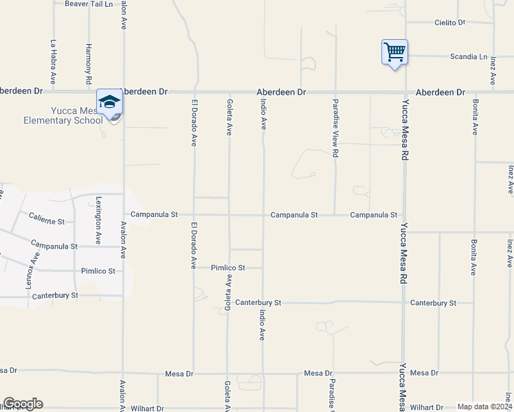 map of restaurants, bars, coffee shops, grocery stores, and more near 3636 Indio Avenue in Yucca Valley