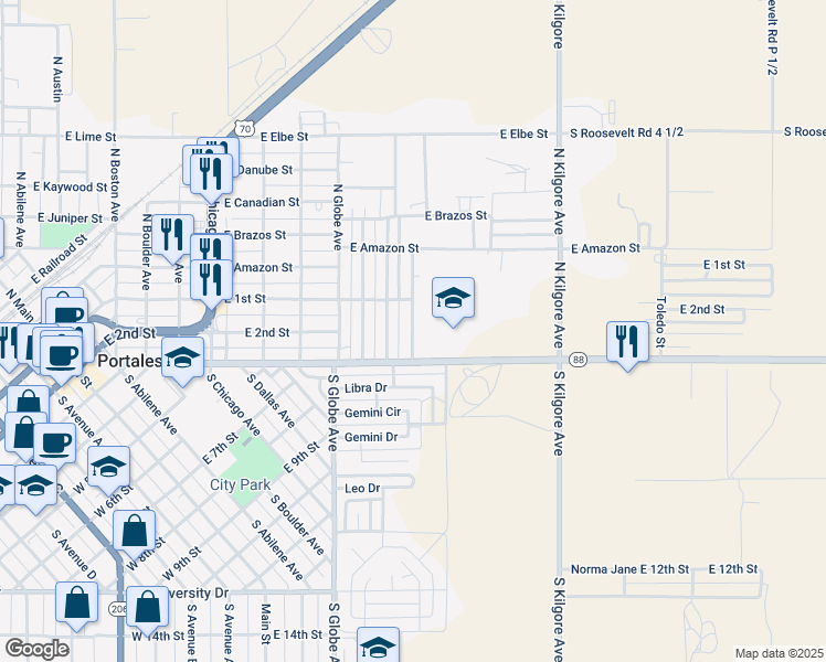 map of restaurants, bars, coffee shops, grocery stores, and more near 201 South Knoxville Avenue in Portales