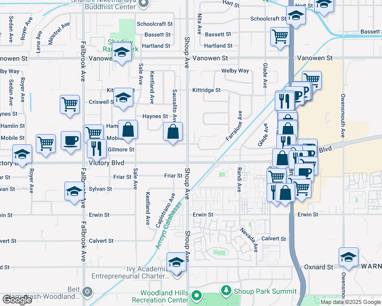 map of restaurants, bars, coffee shops, grocery stores, and more near 6414 Shoup Avenue in Los Angeles