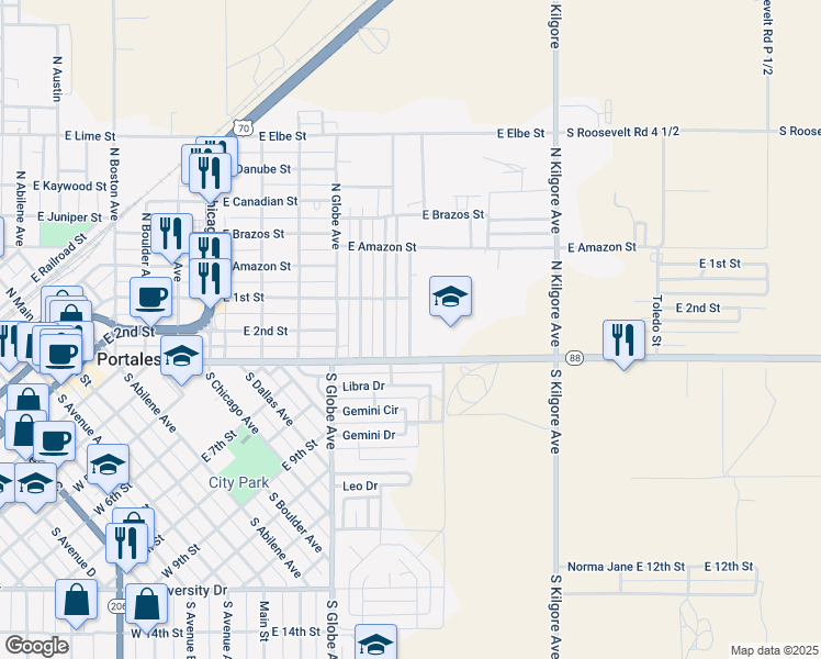 map of restaurants, bars, coffee shops, grocery stores, and more near 201 South Knoxville Avenue in Portales