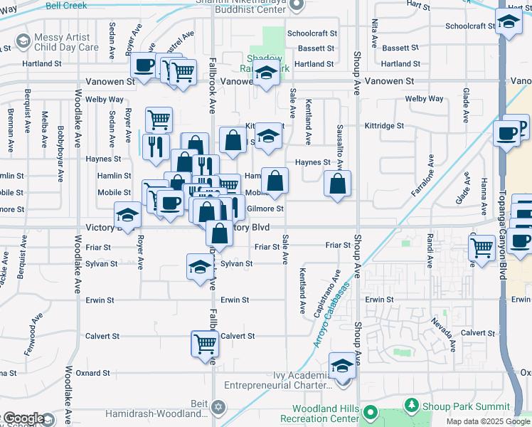 map of restaurants, bars, coffee shops, grocery stores, and more near 22630 Gilmore Street in Los Angeles