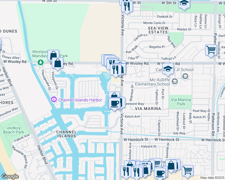 map of restaurants, bars, coffee shops, grocery stores, and more near 1483 Windshore Way in Oxnard