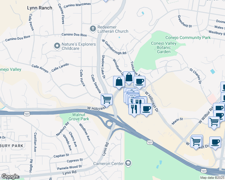 map of restaurants, bars, coffee shops, grocery stores, and more near 588 West Hillcrest Drive in Thousand Oaks