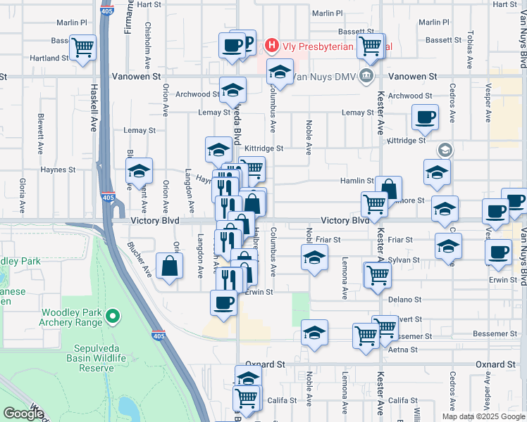 map of restaurants, bars, coffee shops, grocery stores, and more near 15215 Victory Boulevard in Los Angeles