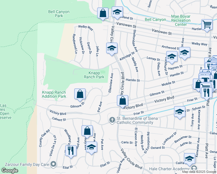 map of restaurants, bars, coffee shops, grocery stores, and more near 6457 Ellenview Avenue in Los Angeles