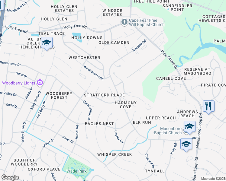 map of restaurants, bars, coffee shops, grocery stores, and more near 3113 Scarborough Drive in Wilmington