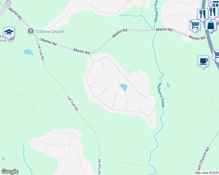 map of restaurants, bars, coffee shops, grocery stores, and more near 4672 Windswept Way in Flowery Branch