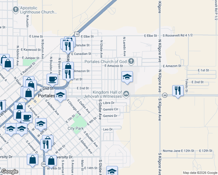 map of restaurants, bars, coffee shops, grocery stores, and more near 137 South Indio Avenue in Portales