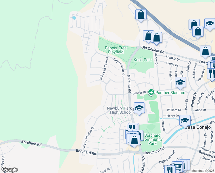 map of restaurants, bars, coffee shops, grocery stores, and more near 3871 Lesser Drive in Thousand Oaks