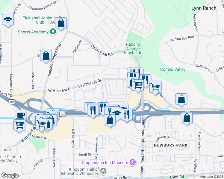 map of restaurants, bars, coffee shops, grocery stores, and more near 628 Paseo La Perla in Thousand Oaks