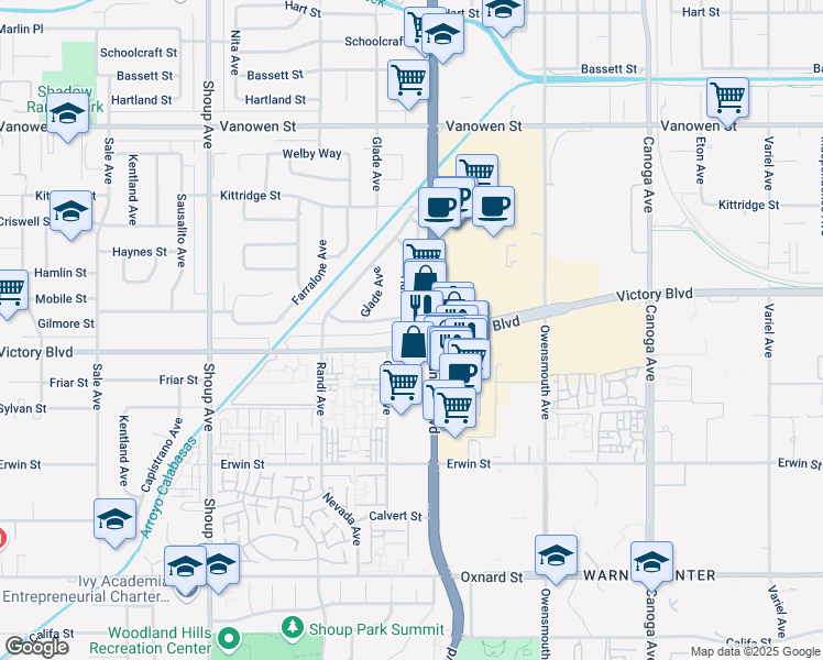 map of restaurants, bars, coffee shops, grocery stores, and more near 6422 Hanna Avenue in Los Angeles