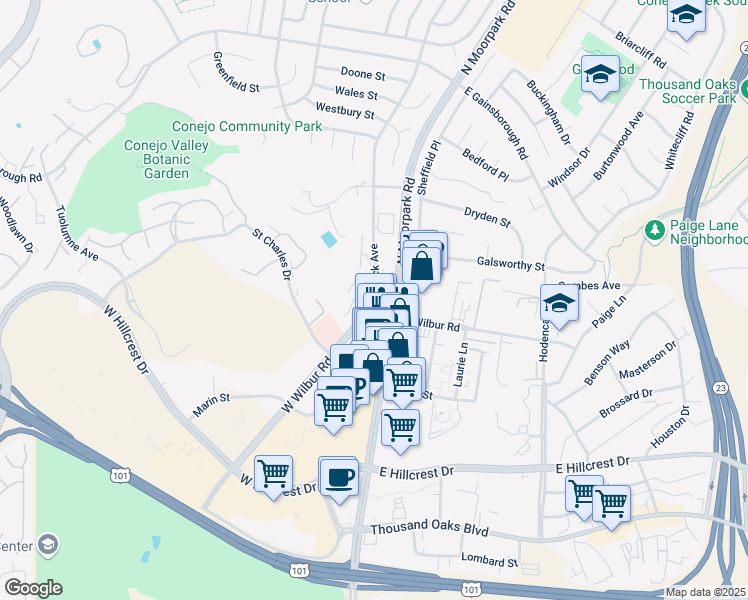 map of restaurants, bars, coffee shops, grocery stores, and more near 595-599 North Moorpark Road in Thousand Oaks
