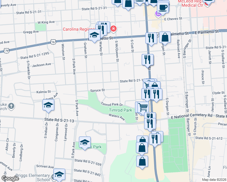 map of restaurants, bars, coffee shops, grocery stores, and more near 413 West Poplar Street in Florence