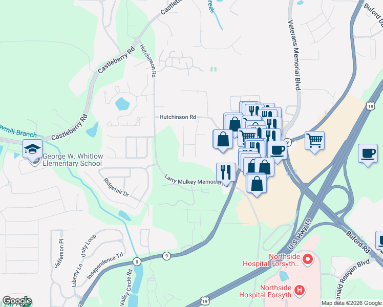 map of restaurants, bars, coffee shops, grocery stores, and more near 3721 Hutchinson Trace Drive in Cumming