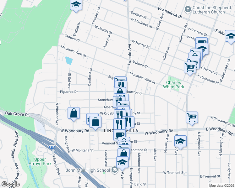 map of restaurants, bars, coffee shops, grocery stores, and more near 476 Stonehurst Drive in Altadena