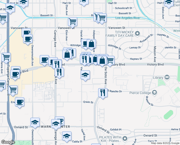 map of restaurants, bars, coffee shops, grocery stores, and more near 6410 Independence Avenue in Los Angeles