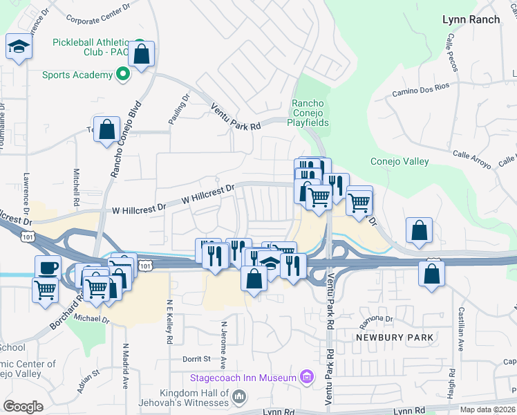 map of restaurants, bars, coffee shops, grocery stores, and more near 628 Paseo La Perla in Thousand Oaks