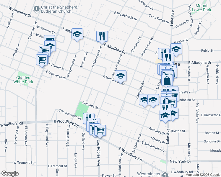 map of restaurants, bars, coffee shops, grocery stores, and more near 2438 Santa Anita Avenue in Altadena