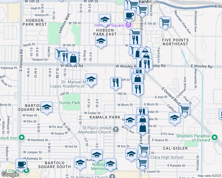 map of restaurants, bars, coffee shops, grocery stores, and more near 1261 South C Street in Oxnard