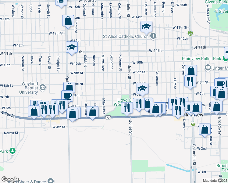 map of restaurants, bars, coffee shops, grocery stores, and more near 1211 West 7th Street in Plainview