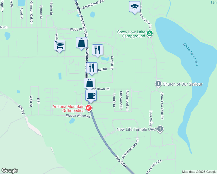 map of restaurants, bars, coffee shops, grocery stores, and more near 5334 Elk Parkway in Navajo County