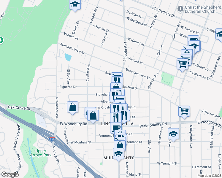 map of restaurants, bars, coffee shops, grocery stores, and more near 476 Stonehurst Drive in Altadena
