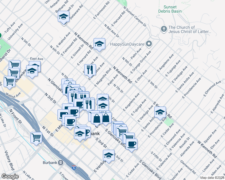 map of restaurants, bars, coffee shops, grocery stores, and more near in Burbank