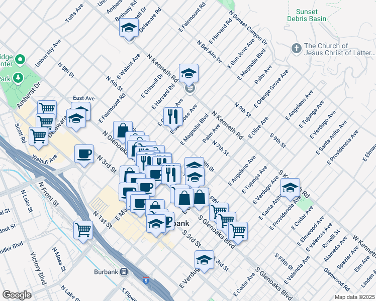 map of restaurants, bars, coffee shops, grocery stores, and more near 545 Palm Avenue in Burbank