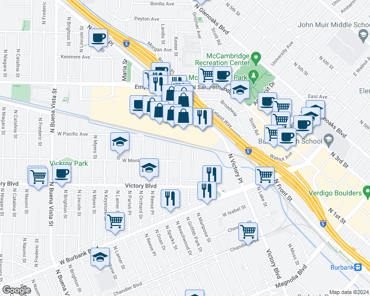 map of restaurants, bars, coffee shops, grocery stores, and more near 1305 North Beachwood Drive in Burbank