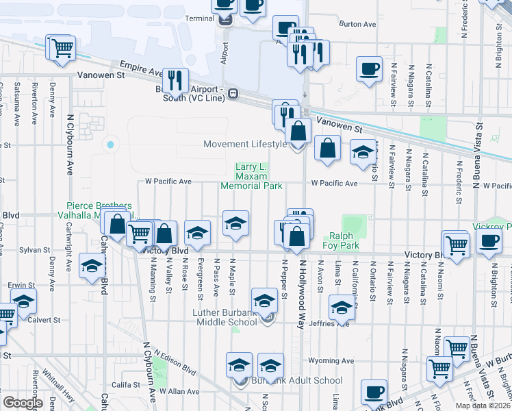 map of restaurants, bars, coffee shops, grocery stores, and more near 2045 North Screenland Drive in Burbank