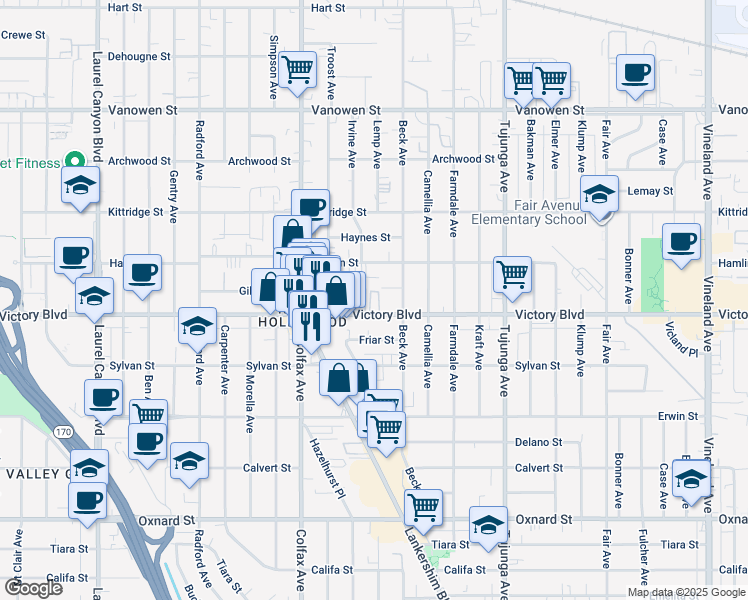 map of restaurants, bars, coffee shops, grocery stores, and more near 11600 Victory Boulevard in Los Angeles
