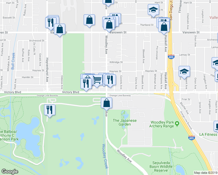 map of restaurants, bars, coffee shops, grocery stores, and more near 6300 Woodley Avenue in Los Angeles